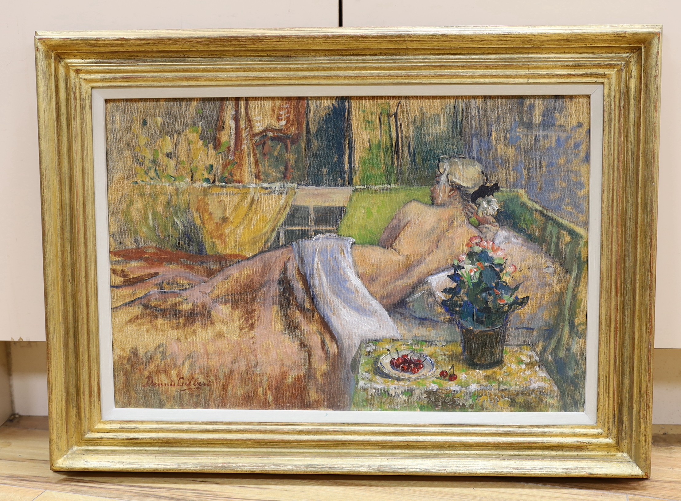 Dennis Gilbert (b.1922), oil on canvas, study of reclining nude, signed, 40 x 60cm